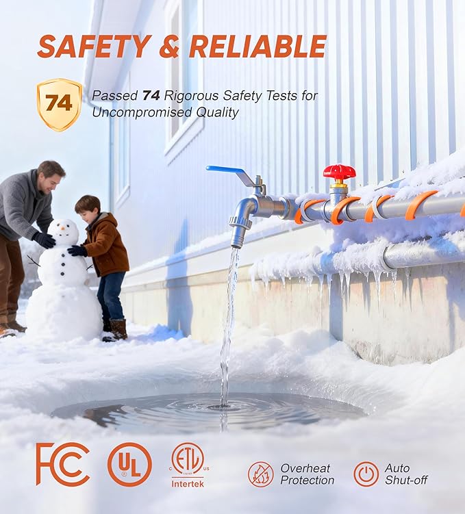 Heat Tape for Water Pipes - 80FT Heat Tape with Thermostat Self-Regulating Heat Tape Freeze Protection, ETL Listed, Keeps Water Flowing at -40°F, 120V 3W/FT