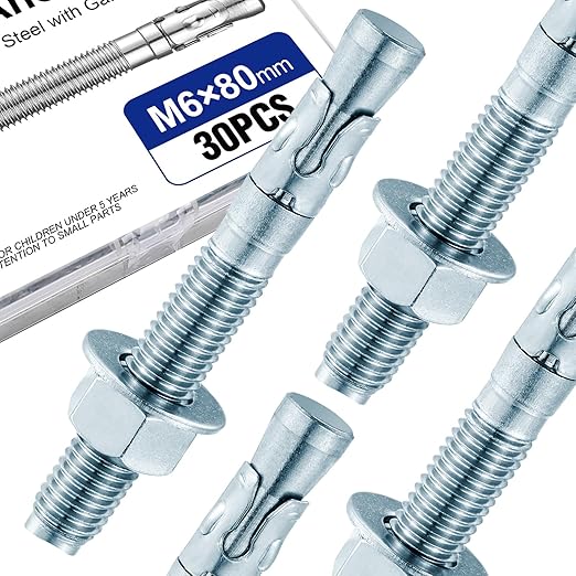 30Pcs 1/4" × 3-1/8" Concrete Anchor Bolts, Zinc Plated Carbon Steel Wedge Anchors for Cement, Brick, and Masonry
