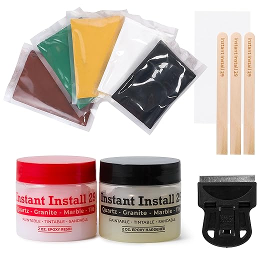 Instant Install 29 Complete - 4 oz Epoxy Permanent Repair Kit with EZ-Tint 10 g 5-Pack, Mixing Sticks, Razor, & Shaping Strip - Granite, Marble, & Tile - Rebonds & Rebuilds - Dry in 29 Minutes