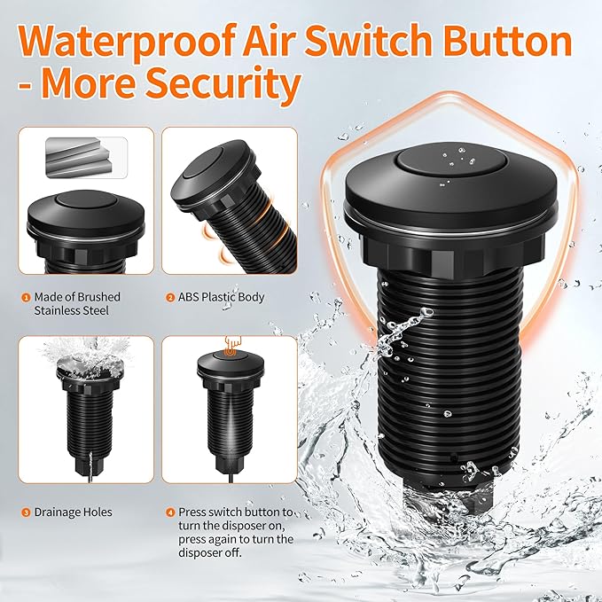 Joinfworld Garbage Disposal Air Switch Kit Waterproof Garbage Disposal Button Kit with Long Garbage Disposal Switch Matte Black - UL Listed