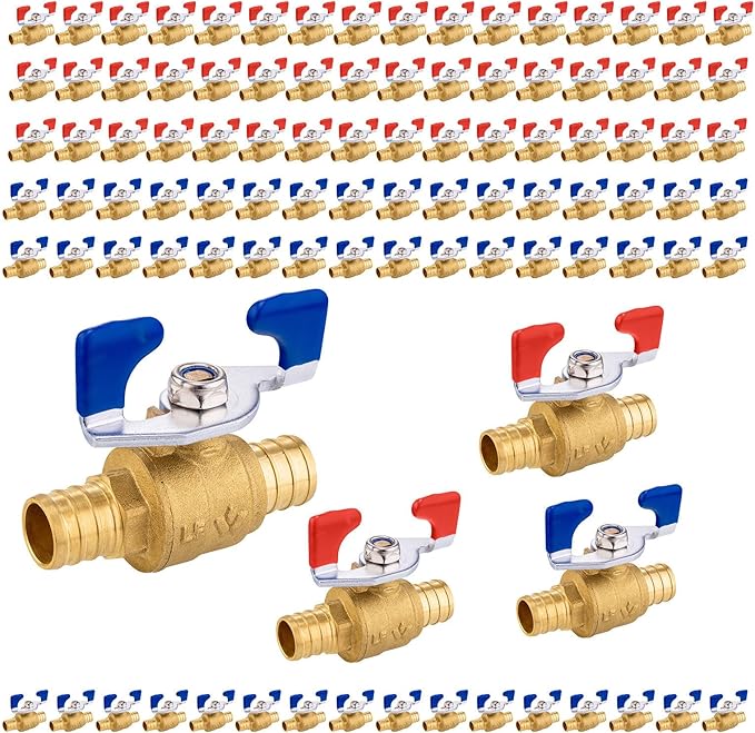 100PCS Foskan 3/4" PEX Crimp Ball Valve, Brass Full Port Shut-off Valve with Blue/Red Butterfly Handle for Portable Water Poject
