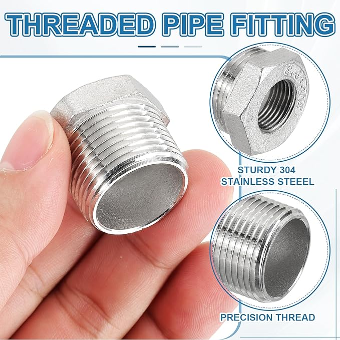 PATIKIL 304 Stainless Steel Reducer Hex Bushing 2 Pcs, 3/4" BSPT Male to 3/8" BSPT Female Pipe Reducing Adapter Fitting Connector for Water Gas Hydraulic Pipes Shower Hose, Silver