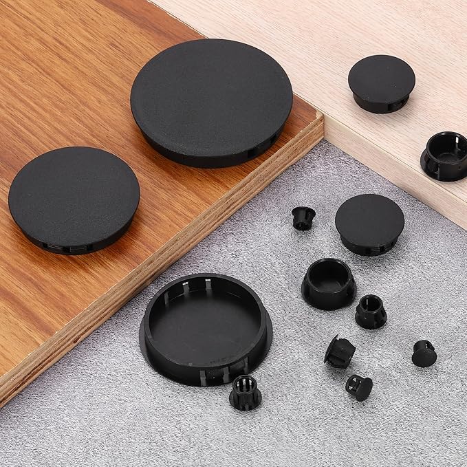 uxcell 60Pcs Plastic Hole Plugs, 6mm(1/4") Flush Type Panel Plugs, Round Snap Knockout Locking Plugs for Furniture Insert End Caps Panels, Black