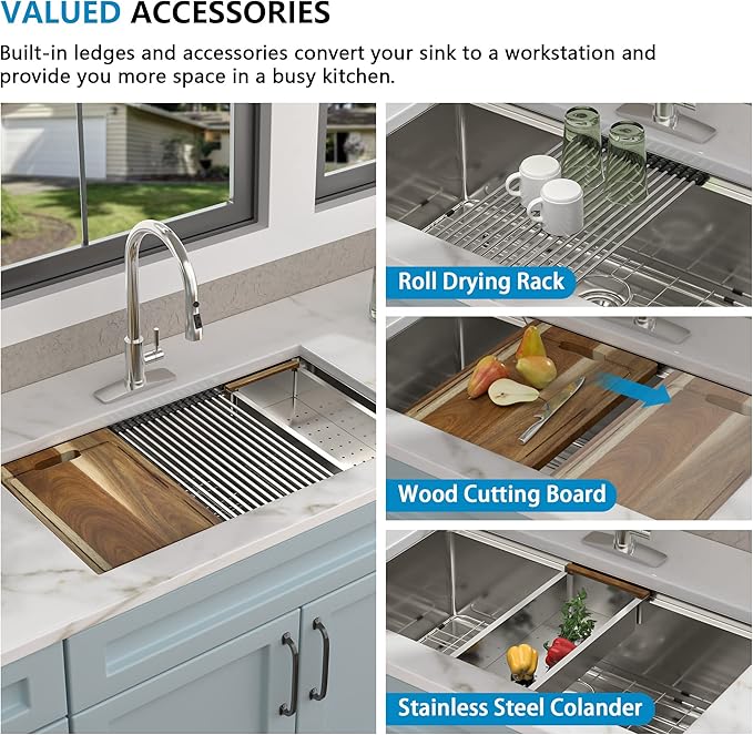 36 Undermount Kitchen Sink - Fulorni 36"x19" Kitchen Sink Ledge Workstation Under Counter 16 Gauge 304 Stainless Steel Large Single Bowl Basin