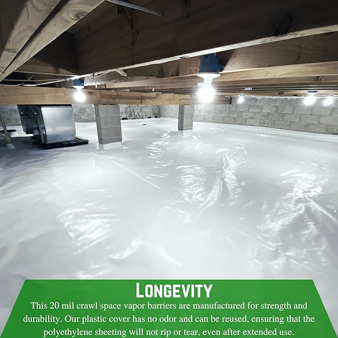 Farm Plastic Supply - Crawl Space Vapor Barrier - 20 mil - White Heavy Duty Plastic Sheeting - Thick Polyethylene Film, Drop Cloth Vapor Barrier Covering for Crawlspace and Basement (12' x 10')