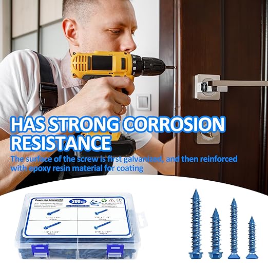 200PCS Concrete Screws Assortment Kit, 1/4 3/16 Masonry Screws with Drill Bit and Driver Bit, 4 Size Flat & Hex Head Cement Screws and Anchors, Diamond Point, Self Tapping Concrete Brick, Blue Coated