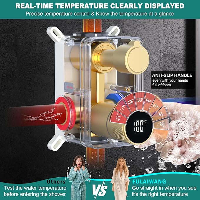 Shower Mixing Valve with Brushed Gold Trim Kit, 2 Way Shower Diverter Digital Brass Valve Body Temperature Display Mixer for Shower Faucets