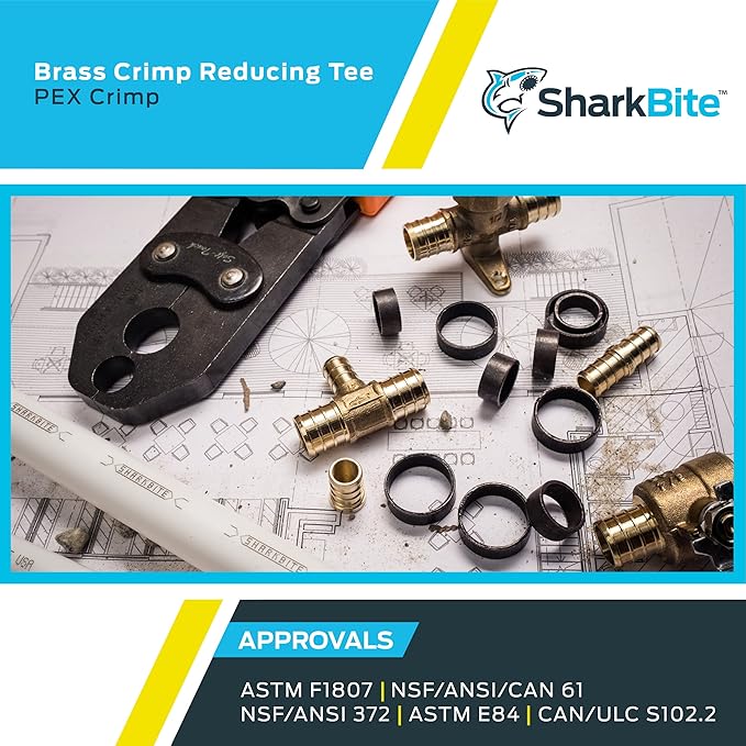 SharkBite 3/4 Inch x 3/4 Inch x 1/2 Inch Crimp Reducing Tee, Brass Plumbing Fitting, PEX Pipe, PE-RT, UC412LFA