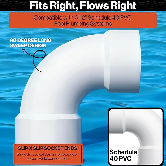 Swimables 2 Inch PVC Sweep 90 - Long Elbow Connector, Schedule 40 10 PVC Sweep 90 Degree Elbow, High-Flow Pipe Elbows Fitting, Compatible with Spa Plumbing & Waterway Installations (10 Packs)