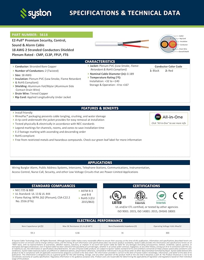 SYSTON 18/2 Fire Security Burglar Station Sound Alarm Control Cable Wire, Plenum-Rated CMP/CL3P Shielded 100% Copper Stranded UL/ETL,UV Resistant RoHS for Indoor/Outdoor Low Voltage Applications Use