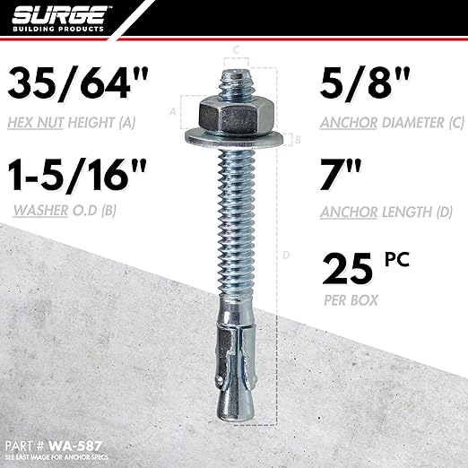 5/8 x 7 Zinc-Plated Wedge Anchors for Concrete and Cement | Heavy-Duty 5/8 Concrete Anchors (Box of 25)