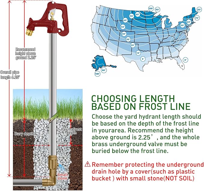 Yard Hydrant Frost Proof Outdoor Faucet Frost Free Freeze Proof Faucet for Yard Garden Farm Pasture Irrigation, Water Hydrant 3/4" Pipe Connection, 6.25ft Total Length 4' Bury