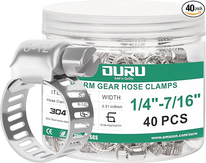 40PCS Hose Clamps Stainless Steel Adjustable 1/4"– 7/16"(6-12mm) Worm Gear Hose Clamp, Heavy Duty Metal Small Hose Clamps for Automotive, Pipe, Radiator Plumbing, Fuel Line