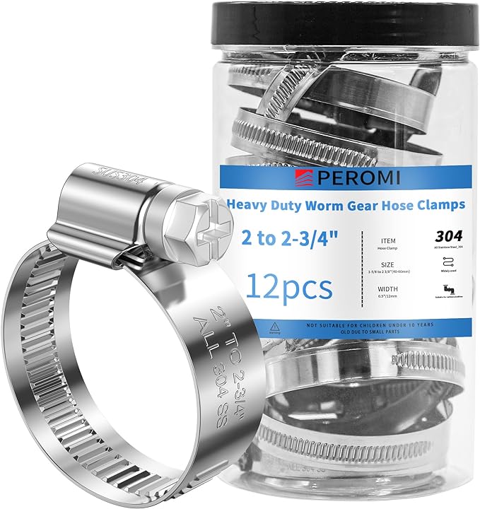 12PCS Heavy Duty Hose Clamps Stainless Steel 304, 2" Hose Clamp to 2-3/4" Hose Clamp (50-70mm) Adjustable Worm Gear Drive Hose Clamps,Reusable Pipe Clamp for Automotive, Garden and Industry