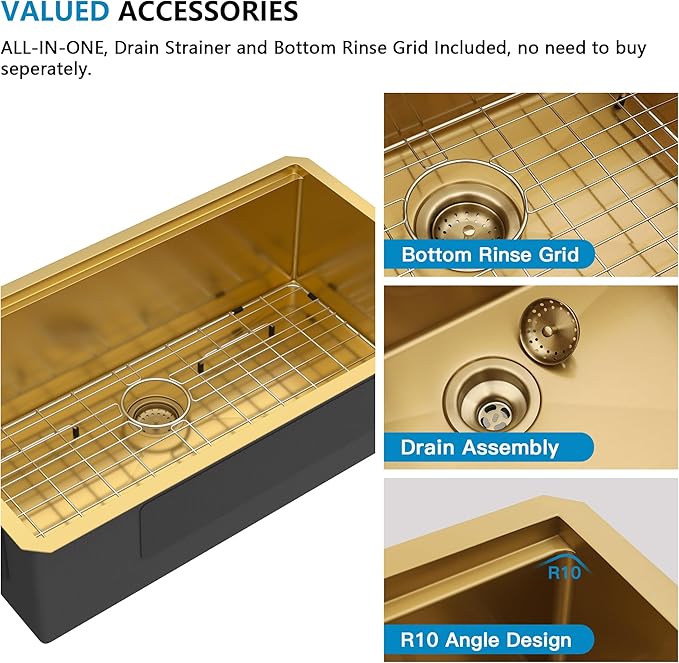 30 Undermount Kitchen Sink Gold - Fulorni 30"x19" Kitchen Sink Brushed Gold NANO-PVD Ledge Workstation 16 Gauge 304 Stainless Steel Under Counter Single Bowl Basin