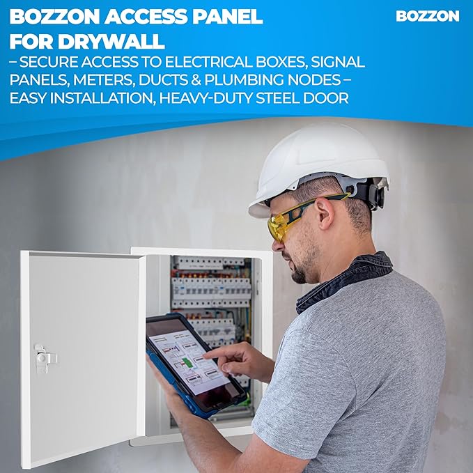 BOZZON Access Panel for Drywall 10 x 10 inch – Metal Door with Screwdriver Latch, 18 GA Steel Frame, Wall Hole Cover, Plumbing Access Door, White