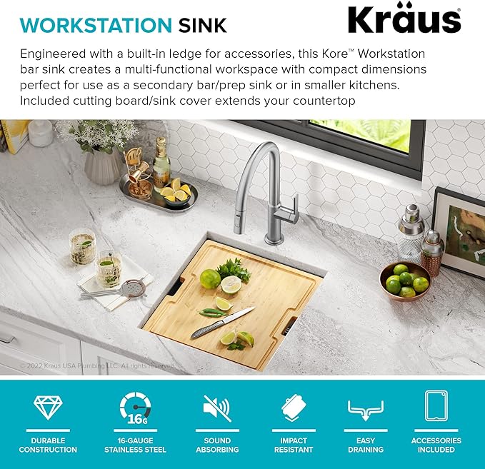 KRAUS Kore Workstation 17-inch Undermount 16 Gauge Black Stainless Kitchen Sink, Single Bowl Kitchen Sink in PVD Gunmetal Finish with Accessories, KWU1101-17-PGM