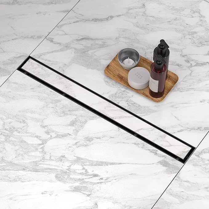 Linear Shower Drain. 36 Inch Shower Trench Drain with 2-in-1 Flat Cover & Inser Cover,304 Stainless Rectangle Steel Shower Floor Drain with Hair Strainer and Leveling Feet (Black, 36 in)