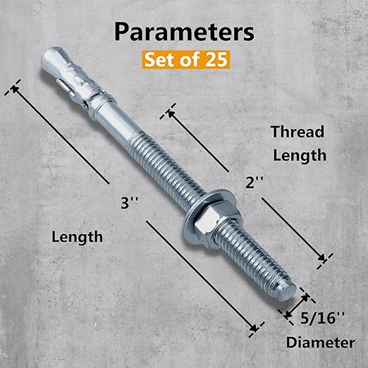 Party Animals 5/16 x 3 Inch Wedge Anchor, 25 PCs Zinc-Plated Industrial Anchor Bolts for Cement, Concrete