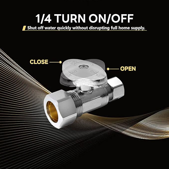 20-Pack Foskan 1/4 Turn Compression Straight Shut off Valve,Straight Stop Valve 1/2" NOM (5/8" OD) x 3/8" OD,Chrome Plated Brass
