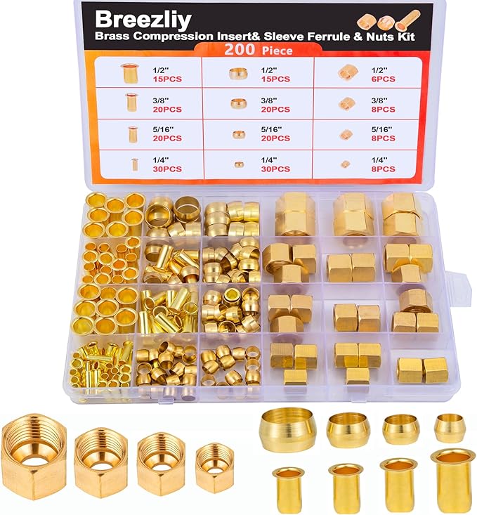 1/4", 3/8", 5/16", 1/2" OD Brass Compression Insert,Sleeve Ferrule,Nut 200PCS