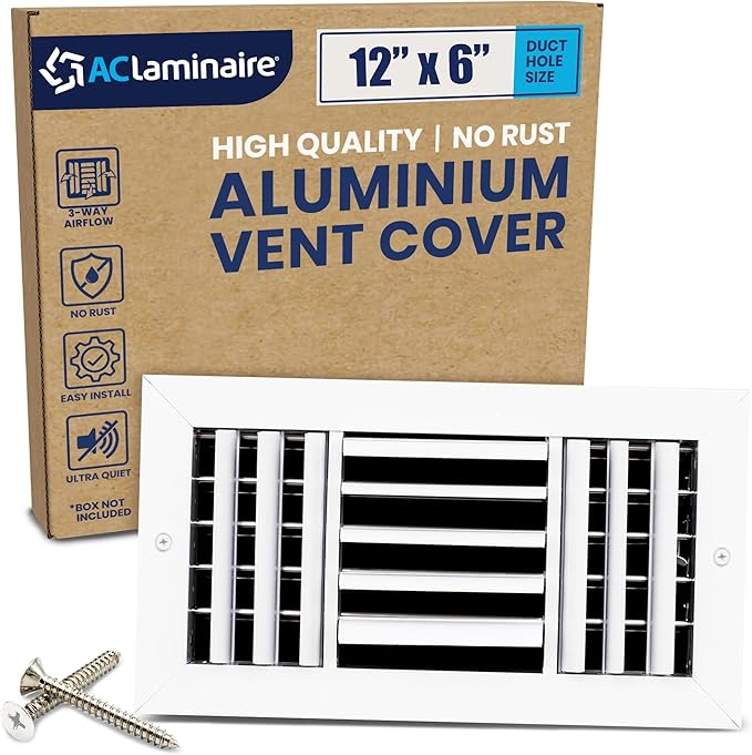 12x6 Inch (Duct Opening) Aluminum 3-Way Air Flow Vent – HVAC Vent Cover for Wall or Ceiling – Quiet HVAC Wall Register with Multi-Shutter Damper – Adjustable Curved Blade - Plastic Seal for Tight Fit