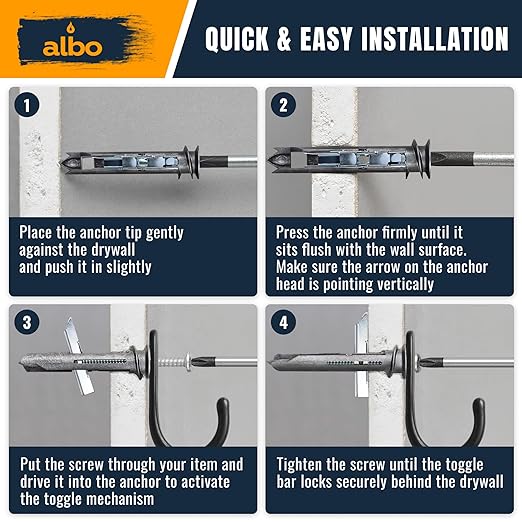 ALBO EZ Self-Drilling Drywall Toggle Anchors Kit – Heavy Duty Metal Anchors with Screws (10 Pack) – Holds Up to 100 lbs – Perfect Toggle Bolts for Drywall & Hollow Walls