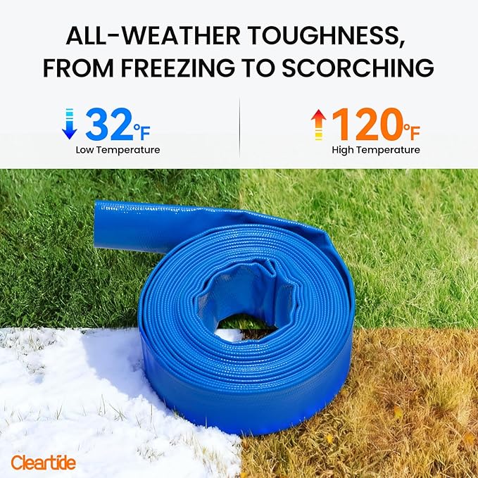 Cleartide Pool Backwash Drain Hose with Camlock Fittings, 1-1/2" x 25ft Heavy Duty Reinforced Blue PVC Lay Flat Discharge Hose for Pump, Pool Drainage, Includes 125F Adapter & Stainless Steel Clamp