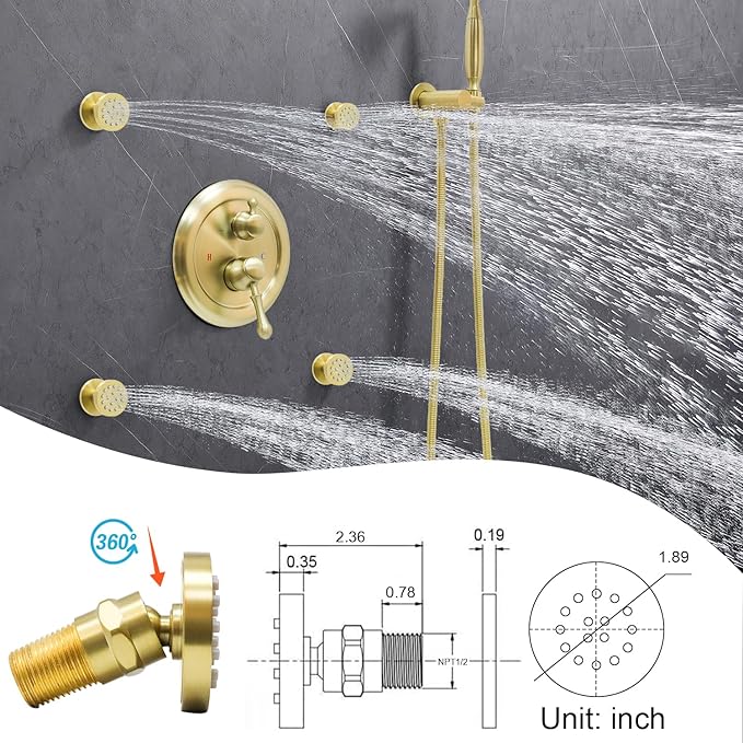 Enga Antique Shower Faucet Sets Dual Heads with 4 Body Jets, 8" + 6" Ceiling & Wall Mount Vintage Shower Head with Handheld Spray Combo, 4 Way Diverter Brass Valve, Brushed Gold