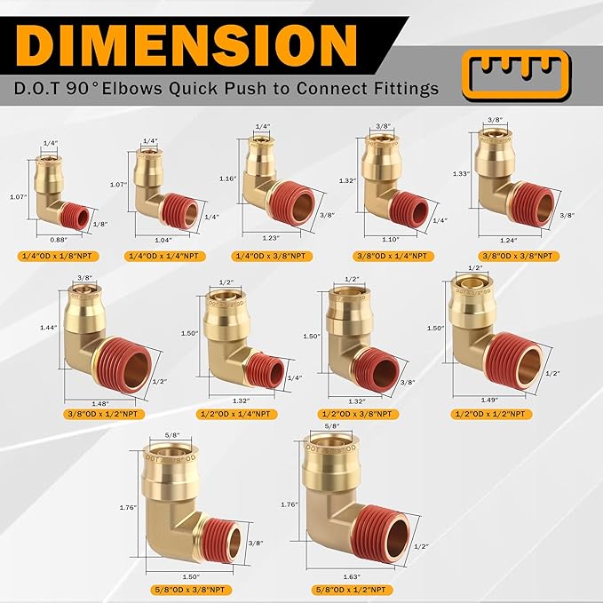 5PCS DOT Air Brake Line Fittings Brass 90 Degree Union Elbow Joint DOT Approved 1/2" Tube OD x 3/8" NPT Thread Air Brake Line Adapter Air Suspension Kit for Car Truck Trailers