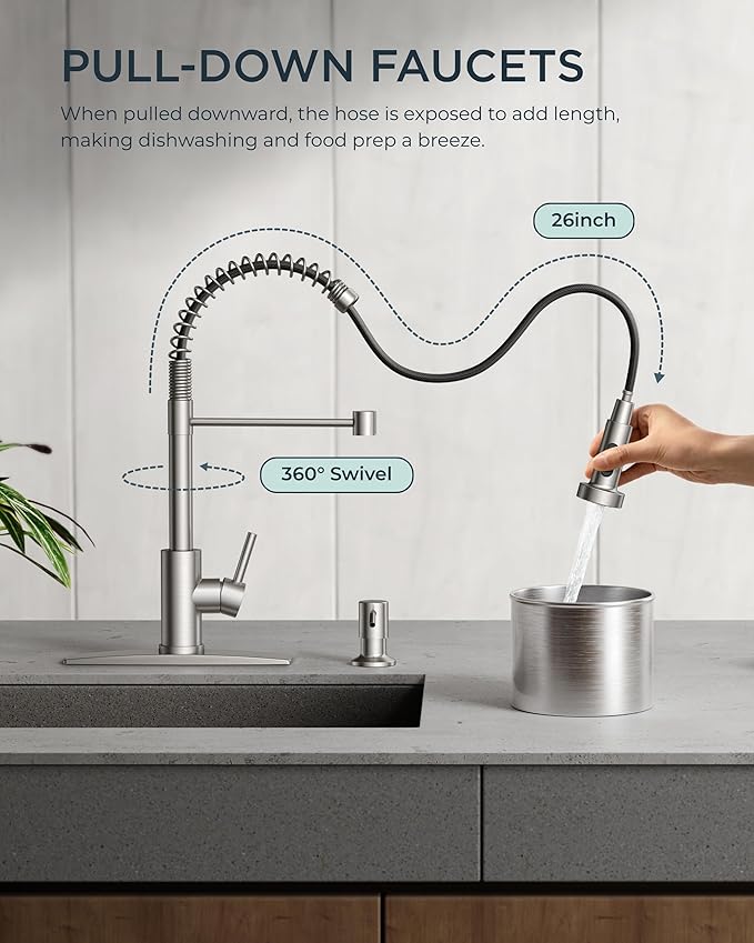 FORIOUS Kitchen Faucet with Soap Dispenser, Brushed Nickel Stainless Steel Spring Sink Faucet with Pull Down Sprayer Transitional Single Handle for Pot Filler, Farmhouse Camper Bar Laundry Room