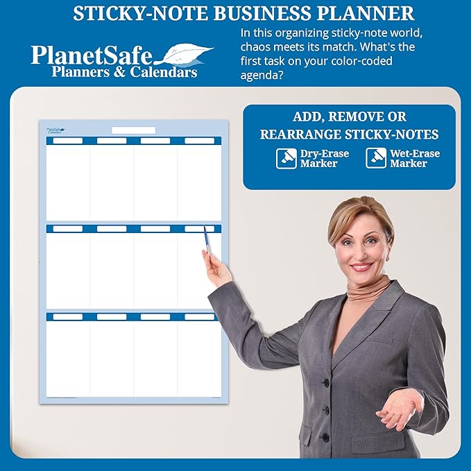 Sky Blue 12 Section Task, Objective and Goals Planning System Vertical 36" Tall 24" Wide. Wall Tray, Dry-Erase Marker, Eraser and 600 Sticky-Notes
