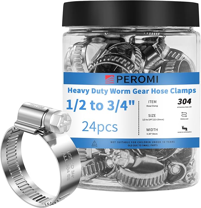 24PCS Heavy Duty Hose Clamps Stainless Steel 304,1/2" Hose Clamp to 3/4" Hose Clamp (13-19mm) Adjustable Worm Gear Drive Small Radiator Hose Clamps,Pipe Clamp for Automotive and Industrial Use
