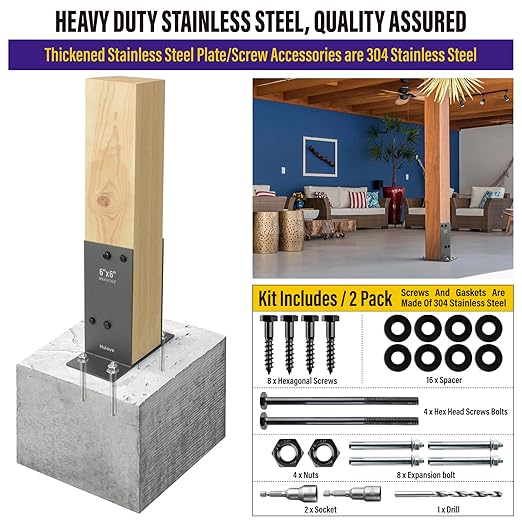 Hulave 2Pack Stainless Steel 6 x 6 (Actual: 5.5" x 5.5") Post Base, Suitable for Terrace Railing, Fence, Gazebo, Porch, etc Concrete Support Anchor Base Post Anchor Bracket (Dark Gray)