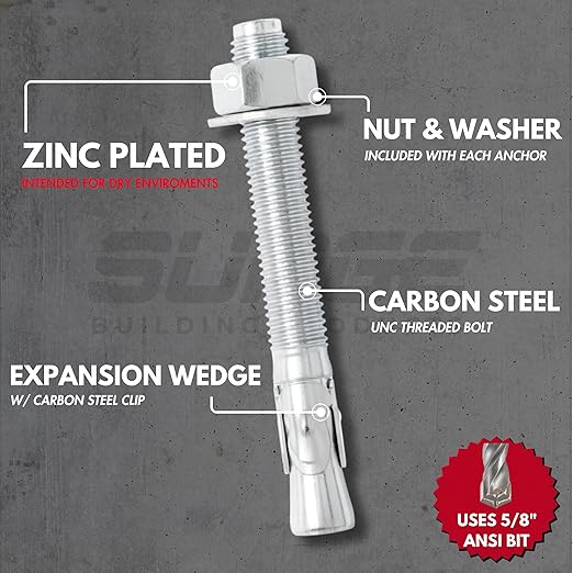5/8 x 4-1/2" Zinc-Plated Wedge Anchors for Concrete and Cement | Heavy-Duty 5/8 Concrete Anchors (Box of 25)