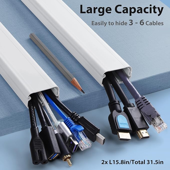 Cord Cover Wall 32in, TV Cord Hider for Wall Mounted TV, Large Cable Hider Kit for 3-6 Cords, Wire Management Raceway, White Wire Hider Concealer, 2 x L15.8in, W1.5in H0.75in