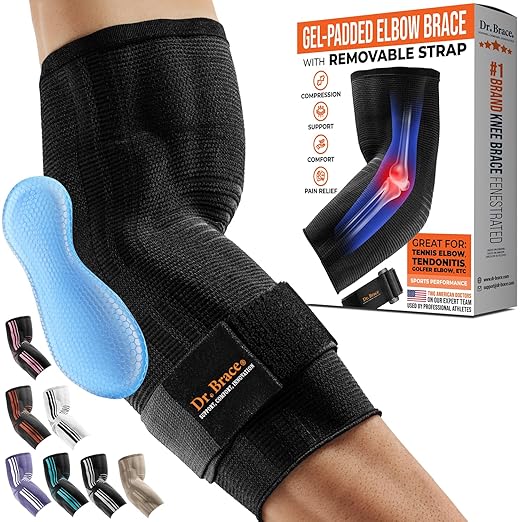 DR. BRACE® Elite Elbow Brace Support, Breathable Elbow Compression Sleeve with Gel Pad for Golfer's, Tennis Elbow & Tendonitis Treatment & Pain Relief 2024 (Black, Medium)
