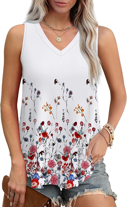 OFEEFAN Womens Tank Tops V Neck Sleeveless Flowy Loose Fit Basic Casual Summer Tops