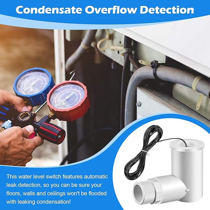 2 Pack SS2 Float Switch for Easy Installation, AC Float Switch with 3/4 Inch Adaptor and 6ft Wire, Water Level Accessory for HVAC System with Condensate Overflow Detection