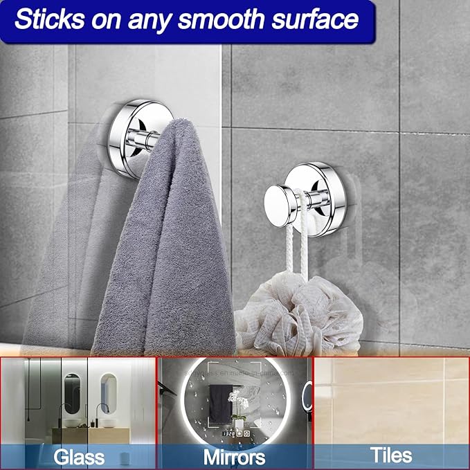 Suction Cup Hooks for Shower, Removable Towel Hooks for Bathroom Window Glass Door Wall, Bath Robe Looafh Hook for Hanging - 2 Pack, Chrome