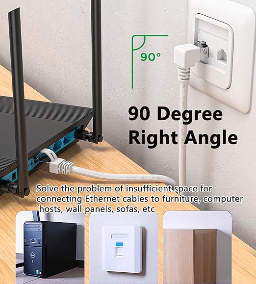 90 Degree Cat6 Ethernet Cable White Down/UP Right Angled CAT 6 Ethernet Patch Cables Gigabit Network Cord RJ45 90 Degree Adapter (Downward Angle, 10FT)
