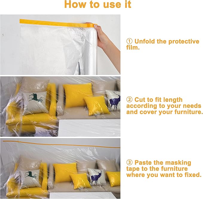 Muf 9 x 65 Feet Plastic Drop Cloth Protective Masking Film, Waterproof Plastic Sheeting with Masking Tape, Prevent Dust Paint for Car, Furniture, Carpet, Floor, 2 Pack