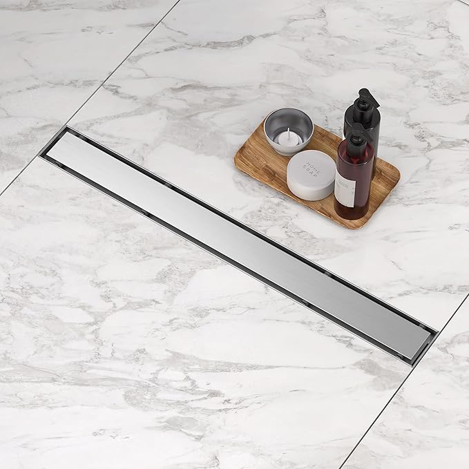 Linear Shower Drain. 24 Inch Shower Trench Drain with 2-in-1 Flat Cover & Inser Cover,304 Stainless Rectangle Steel Shower Floor Drain with Hair Strainer and Leveling Feet (Brushed Nickel, 24 in)