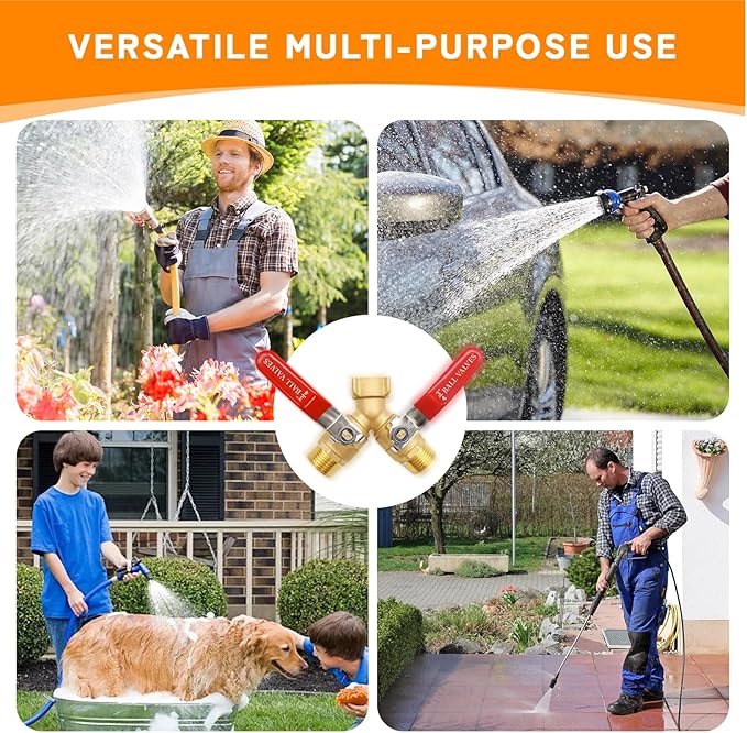 Hose Splitter 2 Way Heavy Duty Brass Garden Hose Splitter Full Flow Water Y Valve Faucet Splitter Connector with Shutoff 3/4 Inch GHT Thread & Quick Connect Hose Fittings