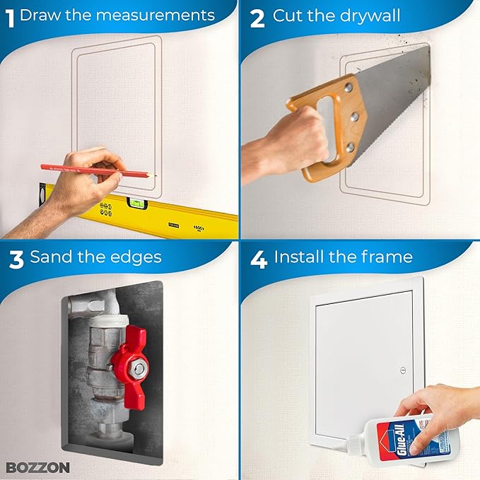 BOZZON Access Panel for Drywall 10 x 10 inch – Metal Door with Screwdriver Latch, 18 GA Steel Frame, Wall Hole Cover, Plumbing Access Door, White