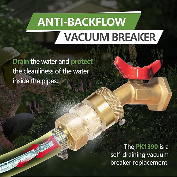 2 Pack 1-1/16" Fine Thread (Female) Lead-Free Self-Draining Vacuum Breaker, PK 1390 Replacement Hose Bib Backflow Preventer with washers and Sealing Tape for Garden & indoor Spigot