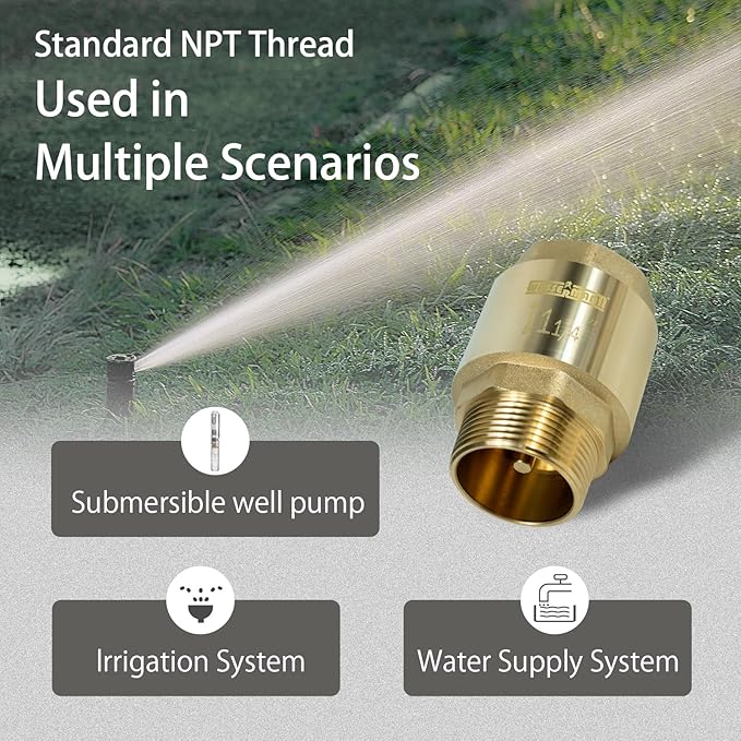 Wassermann 1-1/4" Brass Check valve 1.25“ NPT water Check Valve for submersible well pump 1.25 NPT inlet x 1.25 FNPT Outlet Suitable For Well Pump Irrigation System Water Supply System