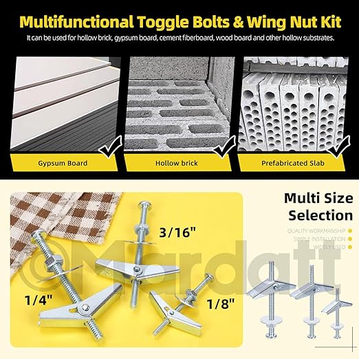 48 Sets 3 Sizes Toggle Bolts and Wing Nut Assortment Kit, 1/8" 3/16" 1/4" Metal Toggle Bolts Round Head Toggle Wing Nut Bolt Set Butterfly Toggle Anchors for Hanging Heavy Items on Drywall