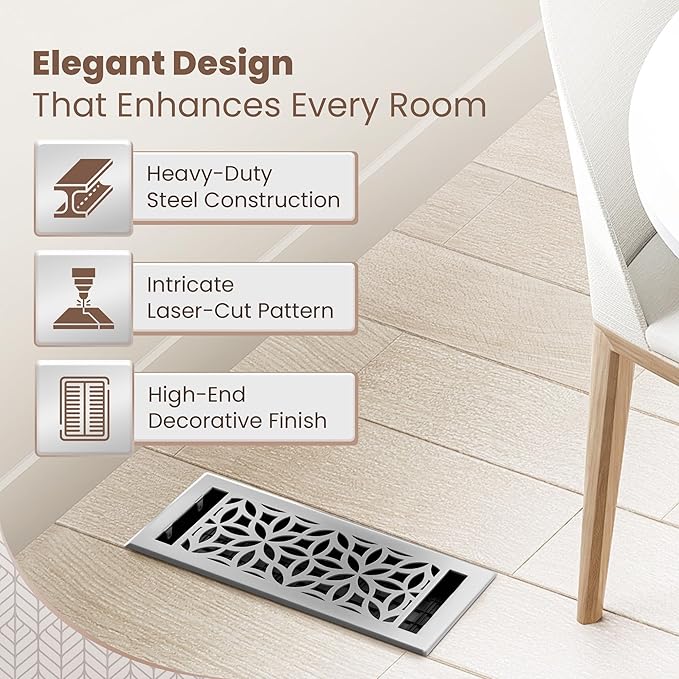 Floor Register 4x10 Vent Cover – 8 Pack – Heavy-Duty Steel, Rustproof & Walkable Grates, Easy Drop-in Install, Adjustable Air Supply Switch - Decorative Floral Design, Brushed Nickel