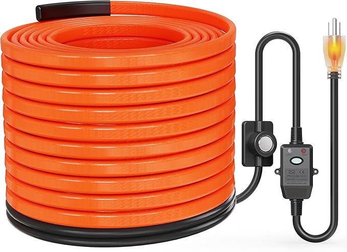 Heat Tape for Water Pipes with Thermostat & GFCI, Energy-Saving Pipe Heating Cable, Prevents Freezing, Works at -22℉, 80FT Orange, UL ETL Listed 120V